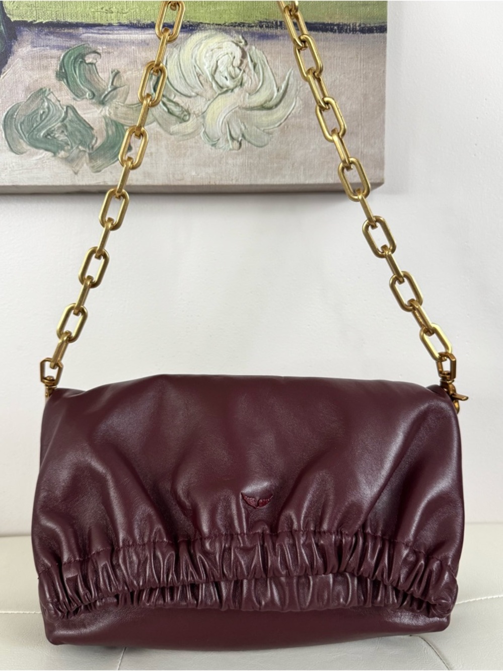Zadig & Voltaire Rockyssime Burgundy Leather Shoulder Bag with Gold Chain - Picture 3 of 17